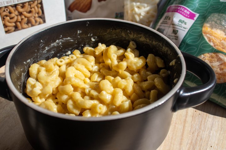 Vegan mac n’ cheese in its simplest form with only five ingredients: macaroni, vegan butter, vegan cheese, non-dairy milk, and nutritional yeast.